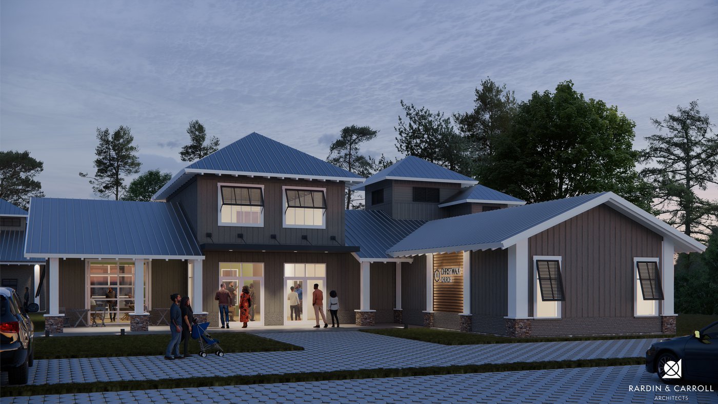 Architectural rendering of the expanded chapel at dusk